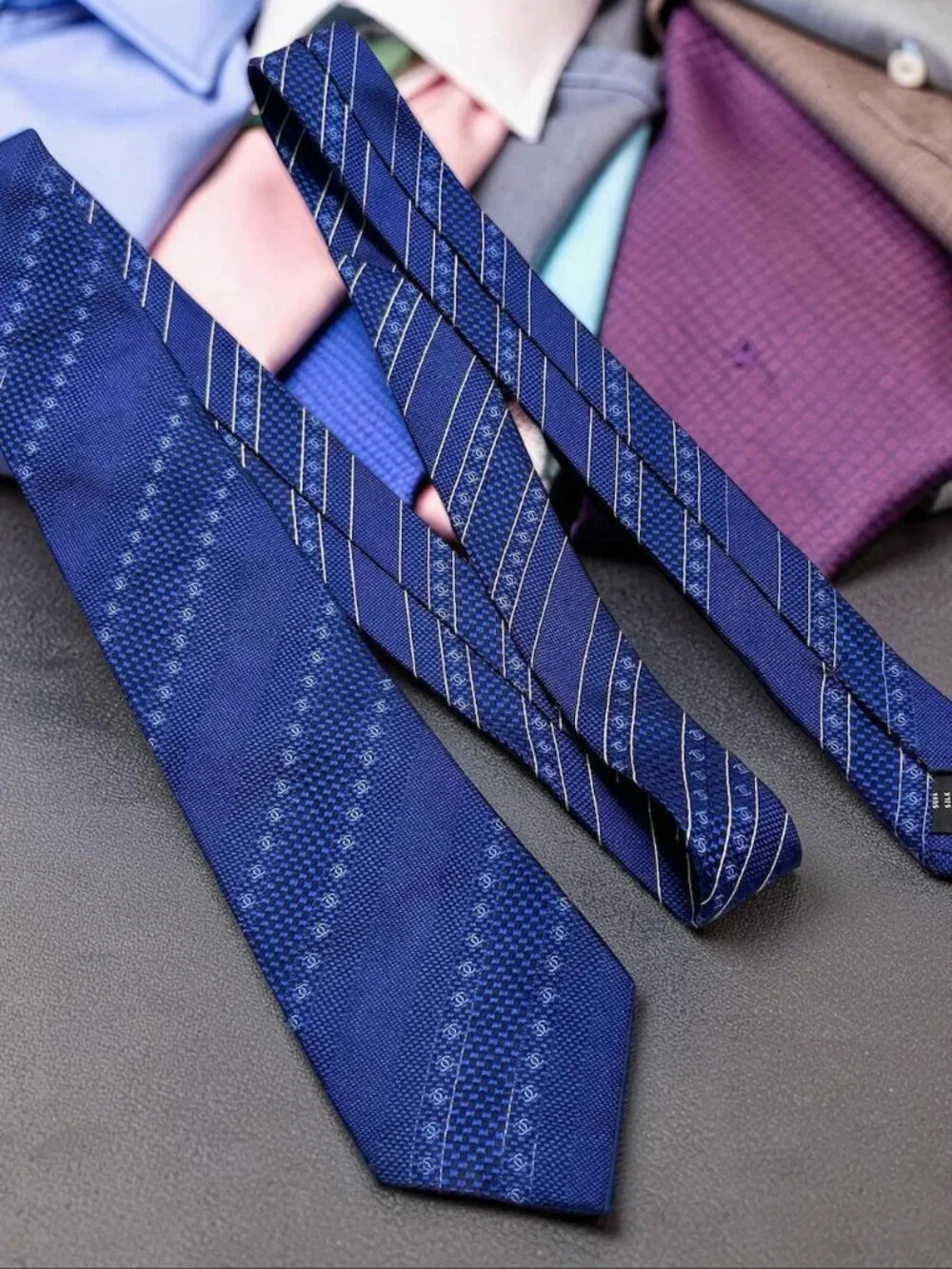 Classic Chanel Paris 100% Silk Necktie Blue Striped Logo Printed Italy Made(2) - Picture 5 of 15